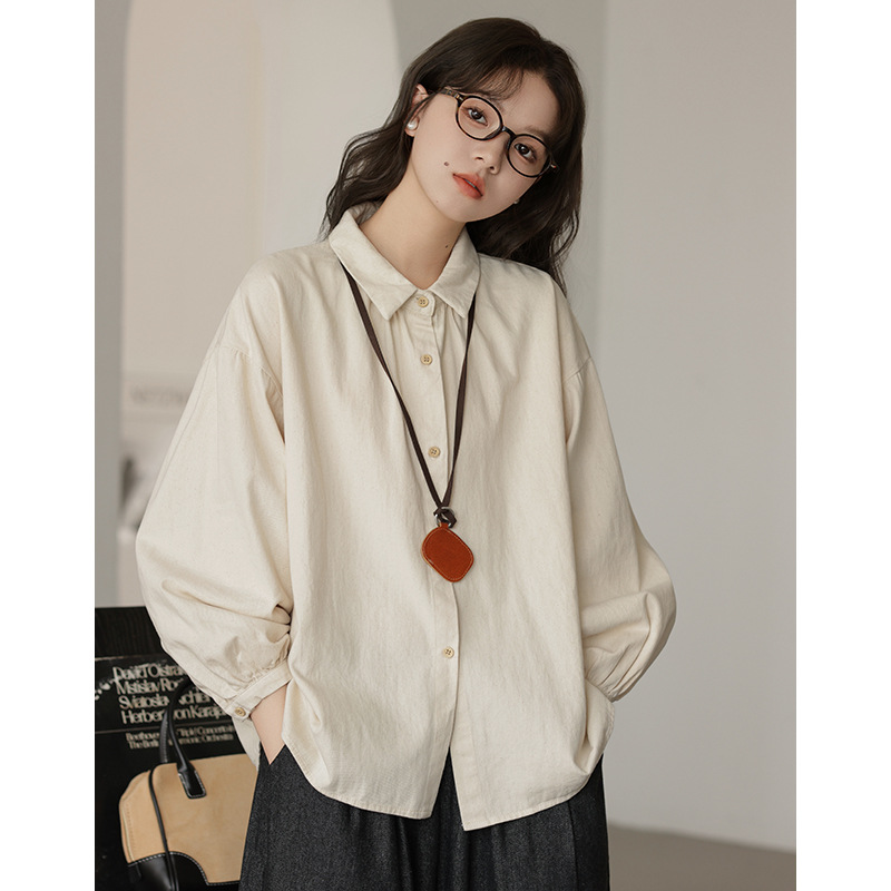 女士秋季日系小清新磨毛寬鬆長袖襯衫+紅白毛衣