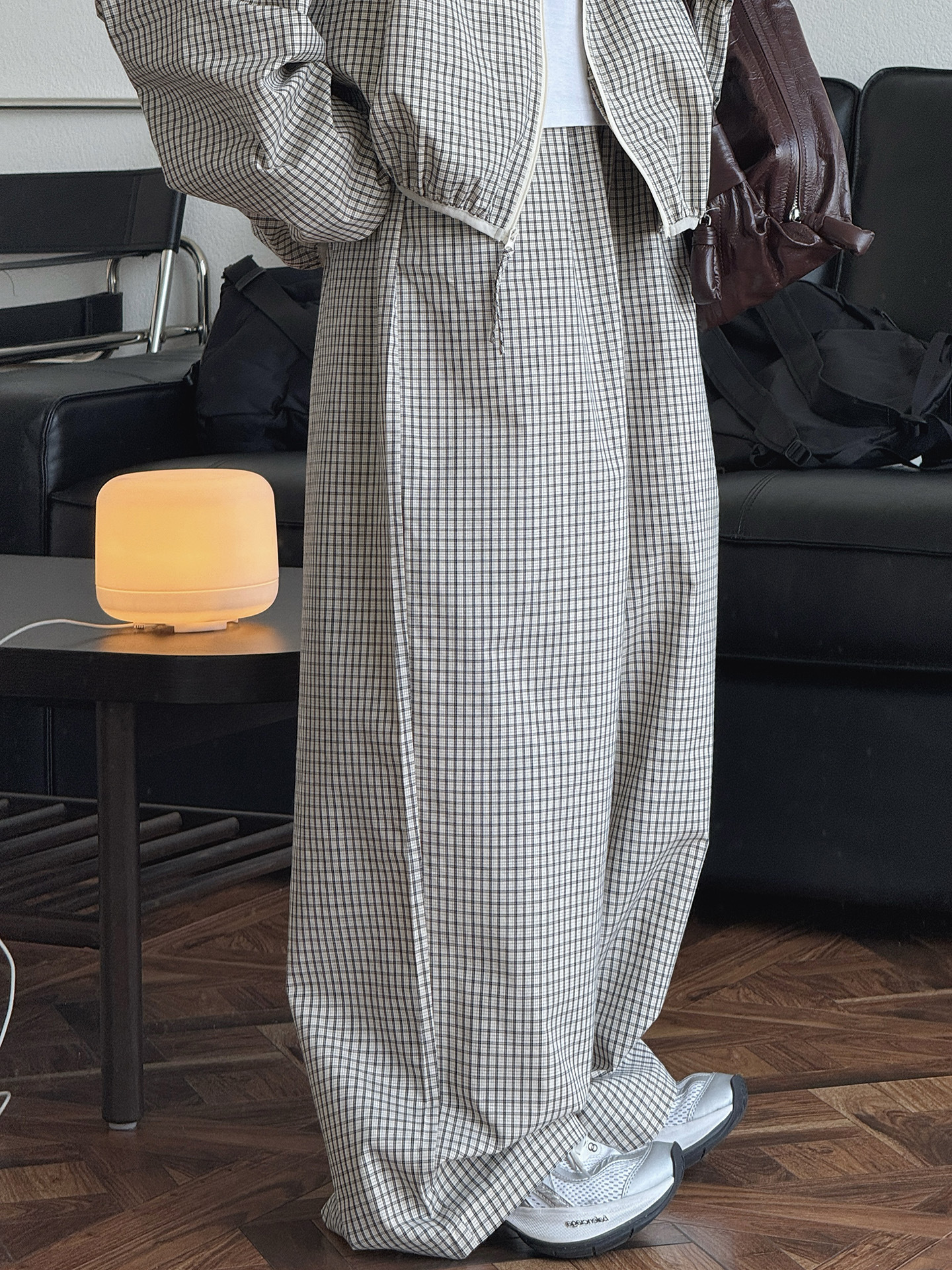 女夏細格紋寬鬆闊腿長褲