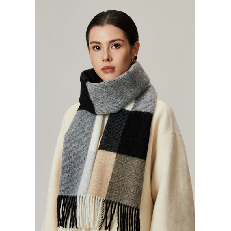 秋冬蓬鬆格子100%羊毛圍巾