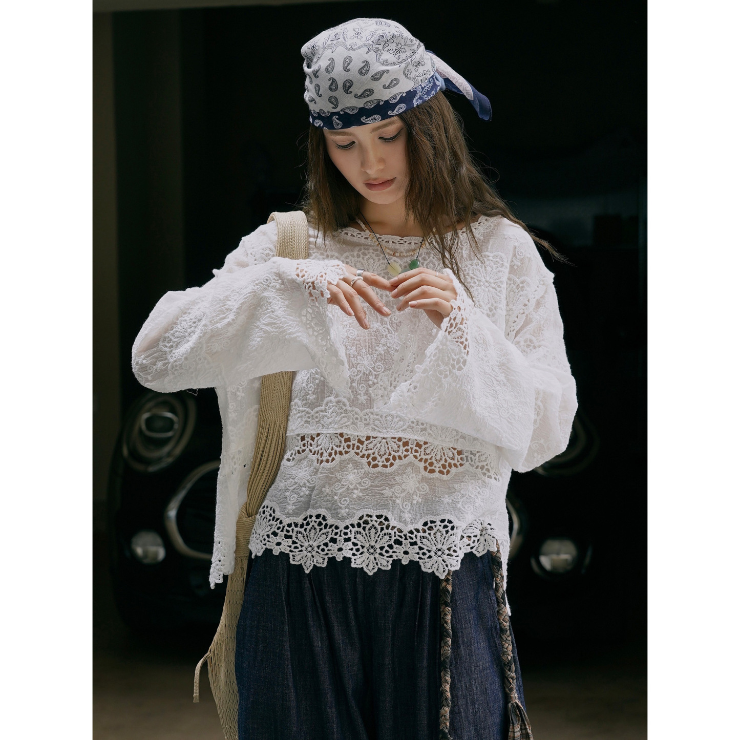 女士夏季蕾絲全棉鏤空長袖T恤