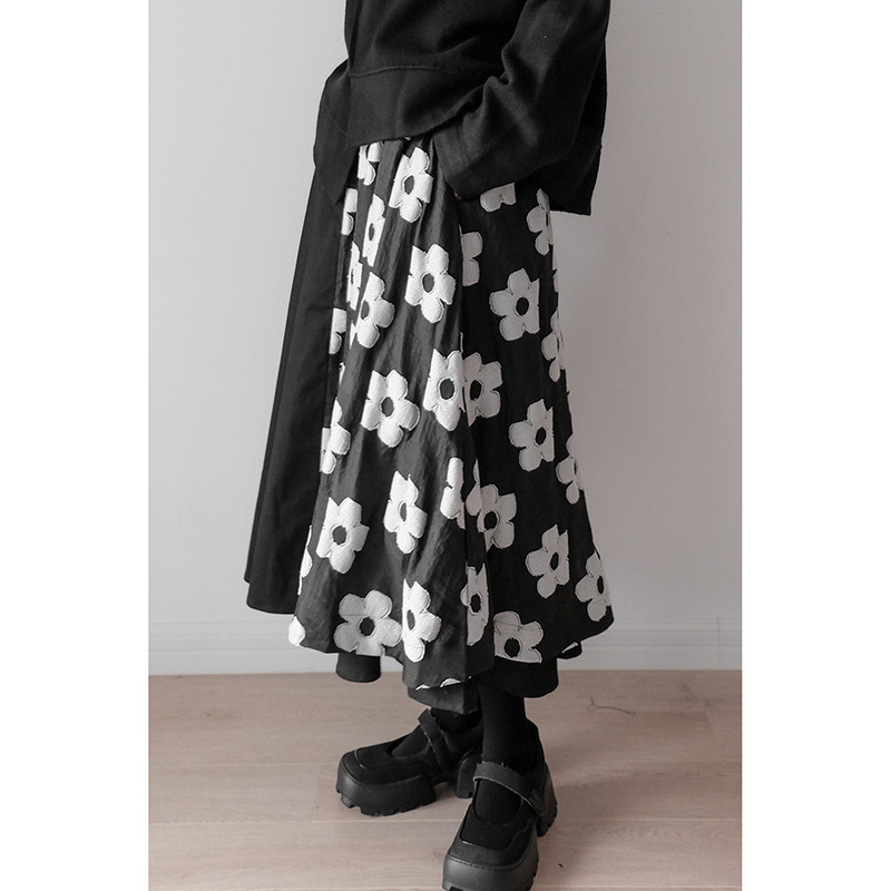 女士春秋提花暗紋雙層拼接大擺裙