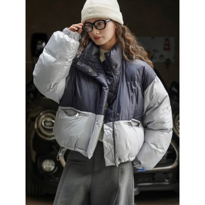 女士冬季立領拼接撞色麵包棉服