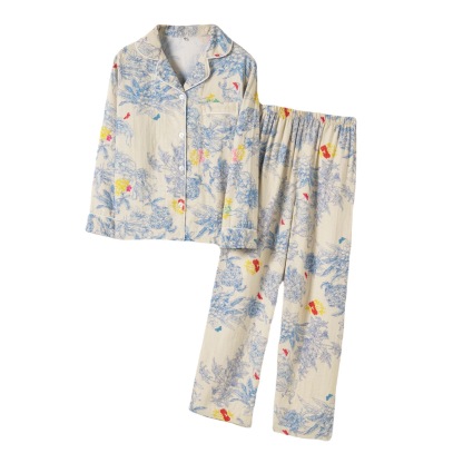 女士春夏莫奈花卉翻領長袖長褲睡衣