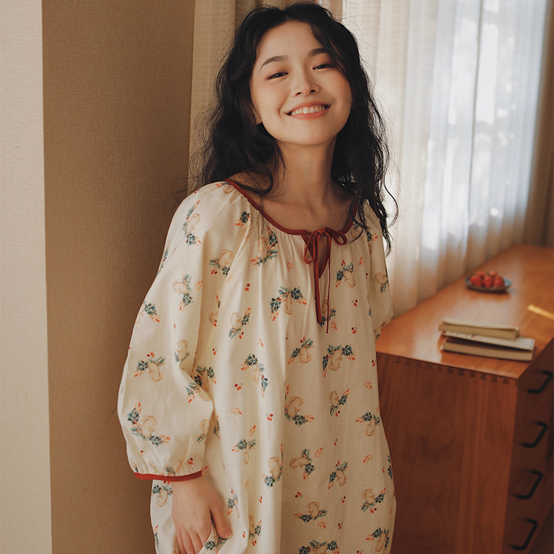 女款法式夏季七分袖純紗布可愛多睡裙