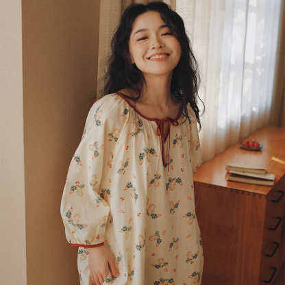女款法式夏季七分袖純紗布可愛多睡裙