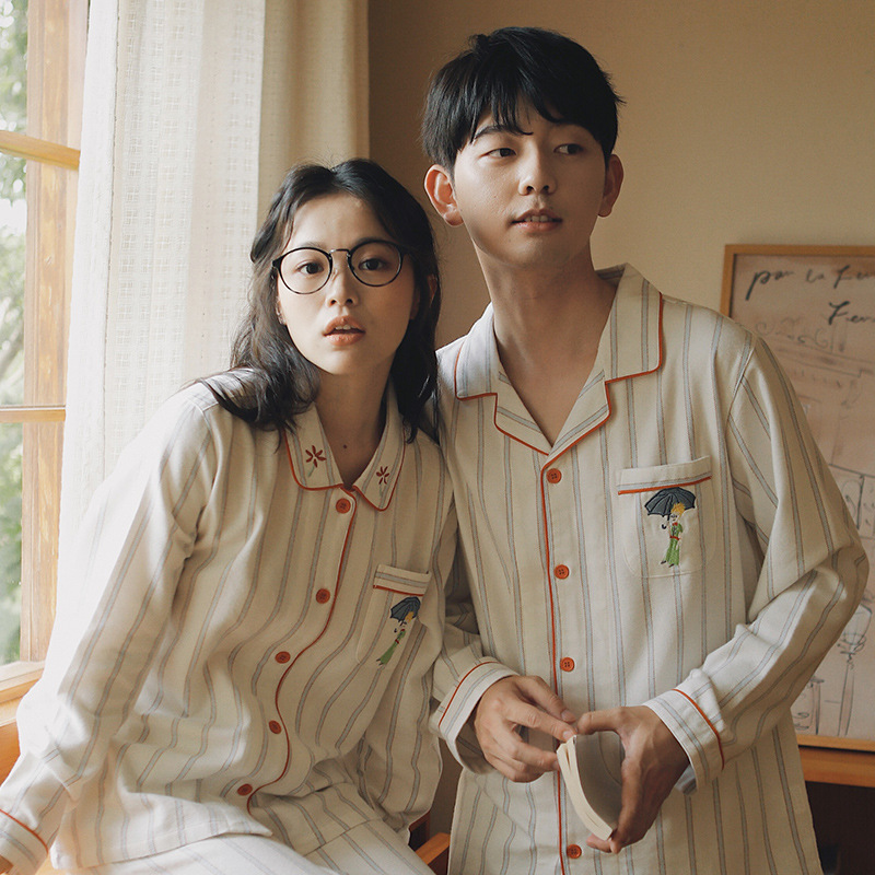 女士春秋純棉情侶條紋刺繡翻領長袖長褲居家服合集