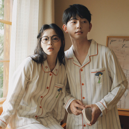 女士春秋純棉情侶條紋刺繡翻領長袖長褲居家服合集