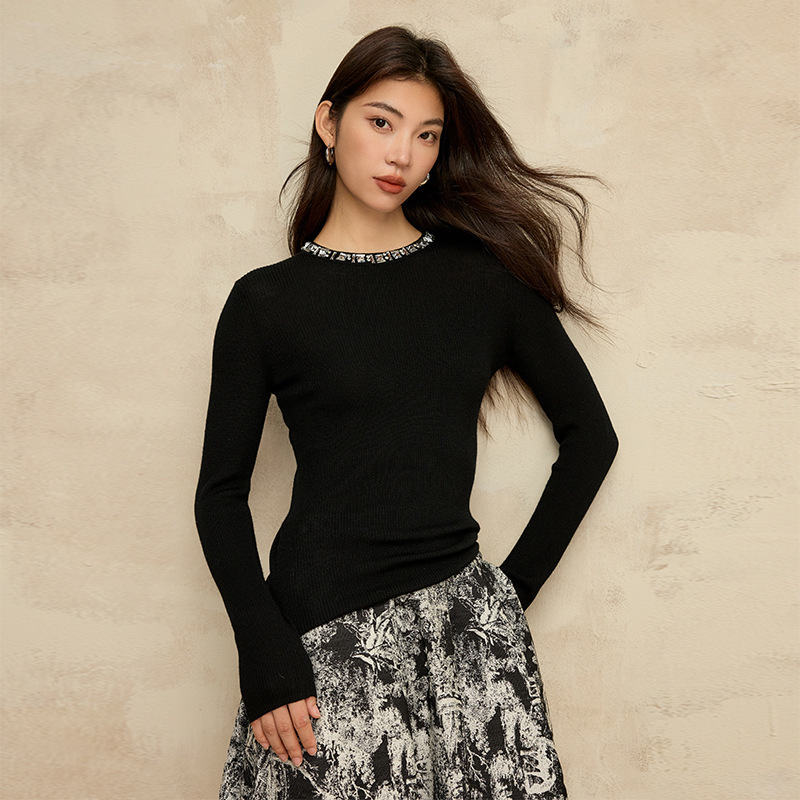 女士釘珠正肩純羊毛針織衫