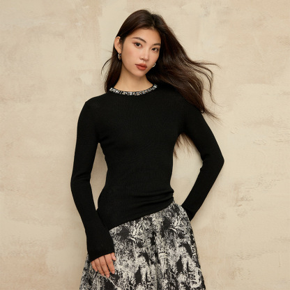 女士釘珠正肩純羊毛針織衫
