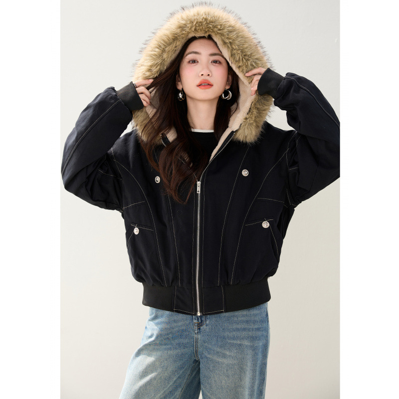 女士秋冬加厚明線設計保暖連帽毛領短款棉衣外套