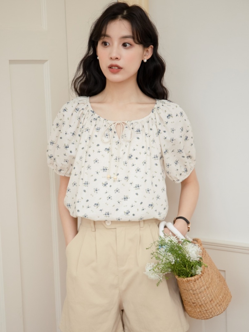 女半開領綁帶碎花短袖襯衣