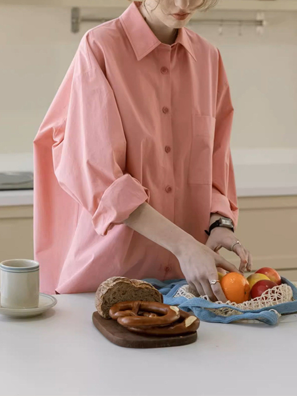 女士春季純棉蝴蝶結設計粉色襯衫