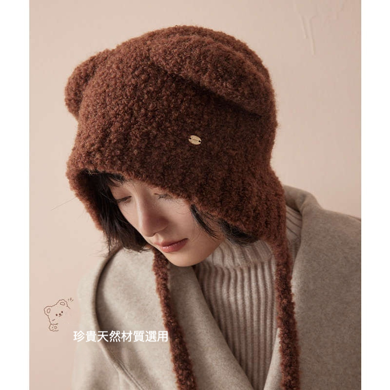 羊毛圈圈紗護耳小熊帽子