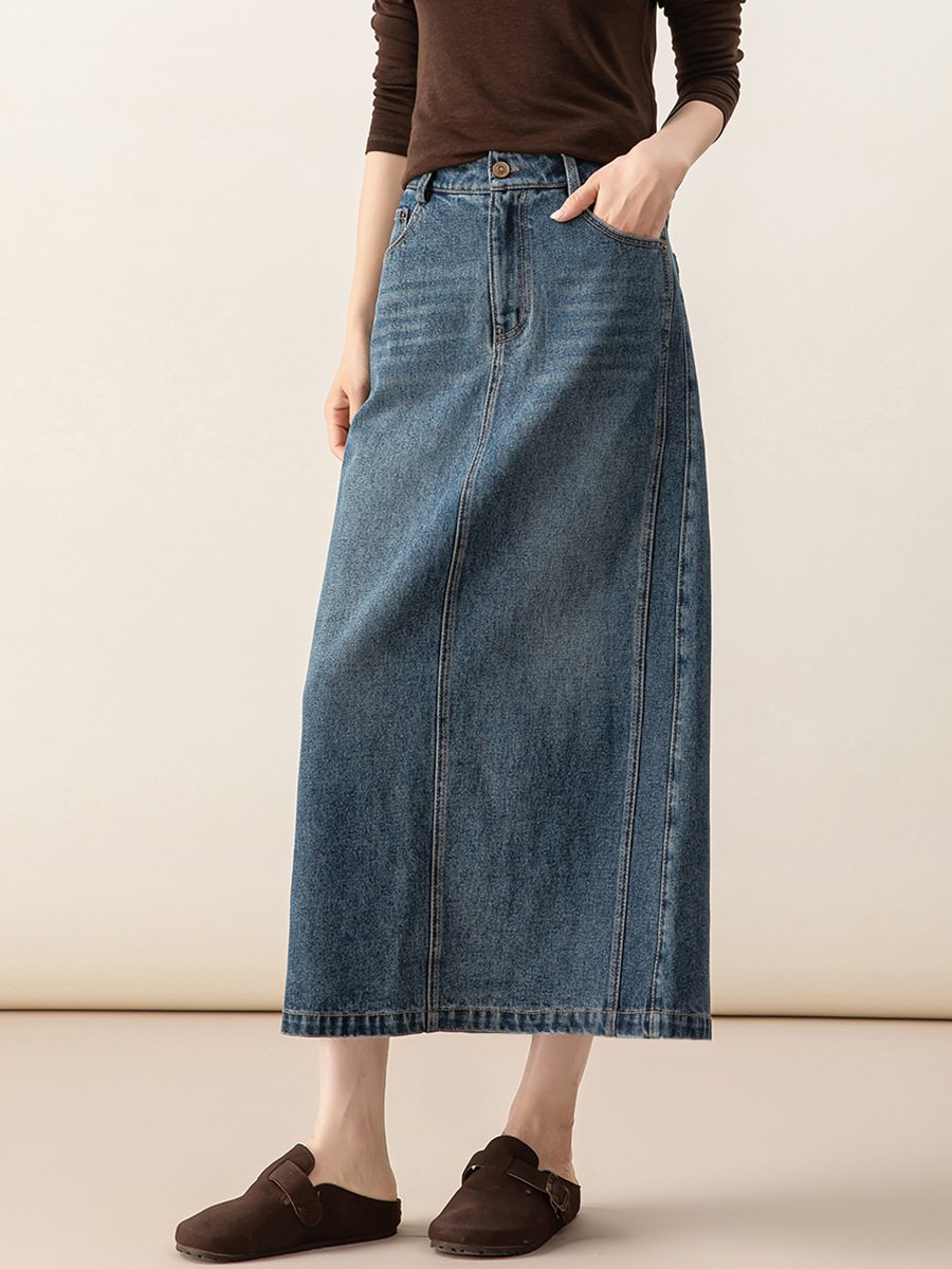 女士春秋季萊賽爾高開叉牛仔半身裙