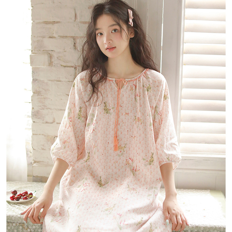 女款夏季棉紗流蘇系帶圓領七分袖睡裙