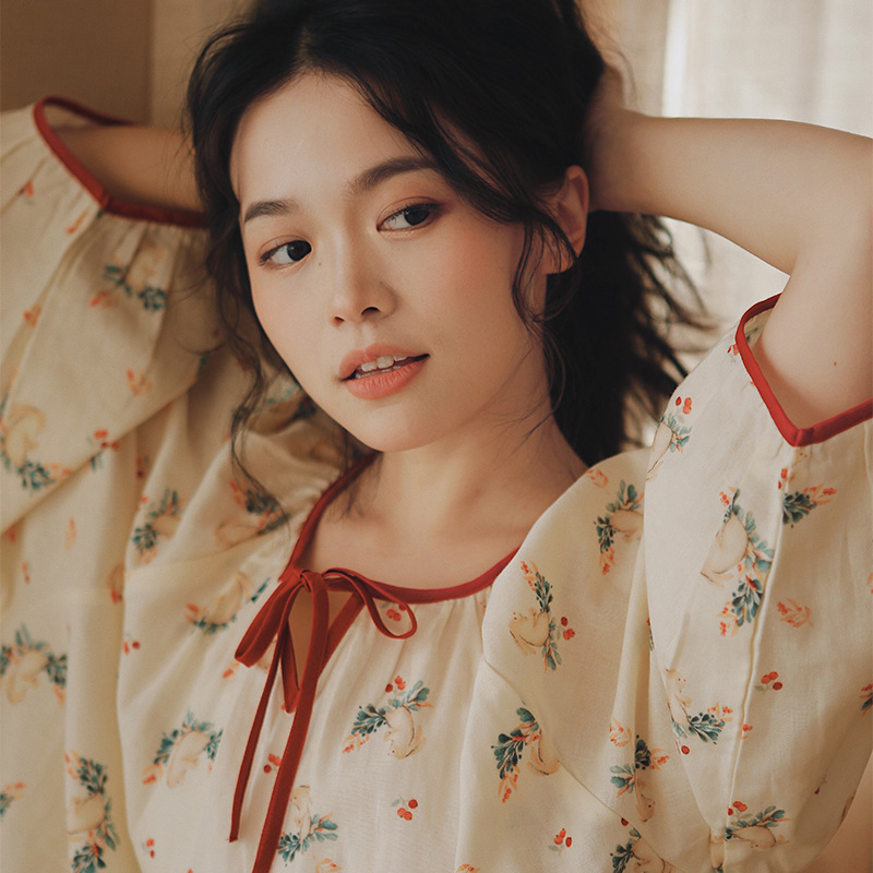 女款法式夏季七分袖純紗布可愛多睡裙