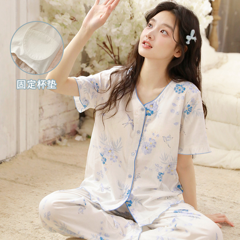 女夏季胸墊款藍花短袖居服套