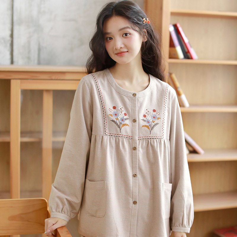 女士秋季純棉磨毛刺繡圓領長袖長褲居家服