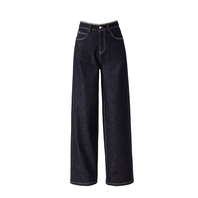 女士春秋條紋翻邊高腰拖地牛仔褲