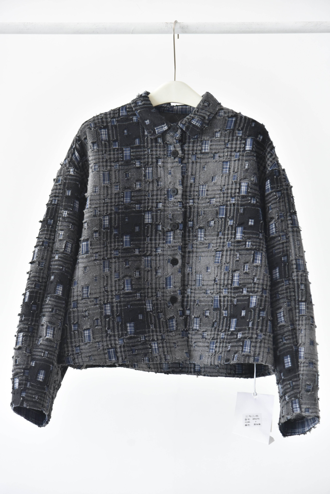 女士秋冬立體格紋磨破設計短款夾棉外套