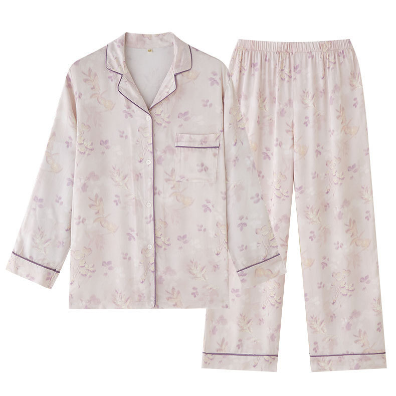 女士貢緞淡雅森系印花翻領口袋長袖睡衣套裝