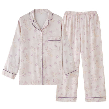 女士貢緞淡雅森系印花翻領口袋長袖睡衣套裝