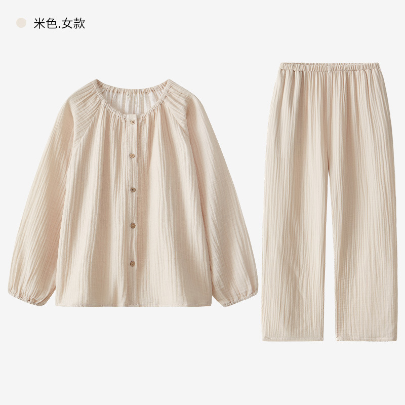 女士春秋雙層紗布圓領長袖長褲居家服