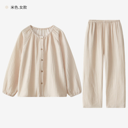 女士春秋雙層紗布圓領長袖長褲居家服