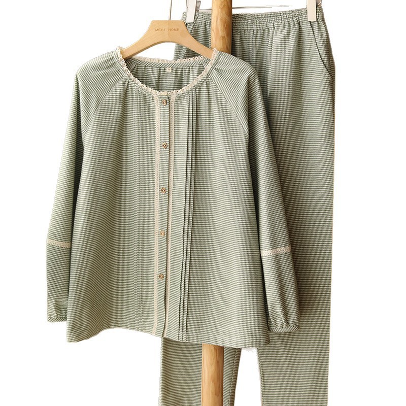 女士秋冬純棉磨毛花邊小圓領長袖長褲家居服