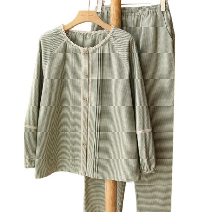 女士秋冬純棉磨毛花邊小圓領長袖長褲家居服