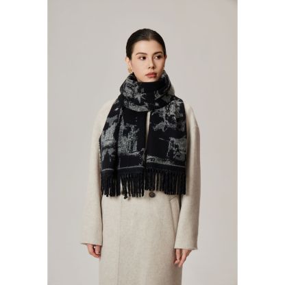 秋冬提花山水畫仿羊絨圍巾