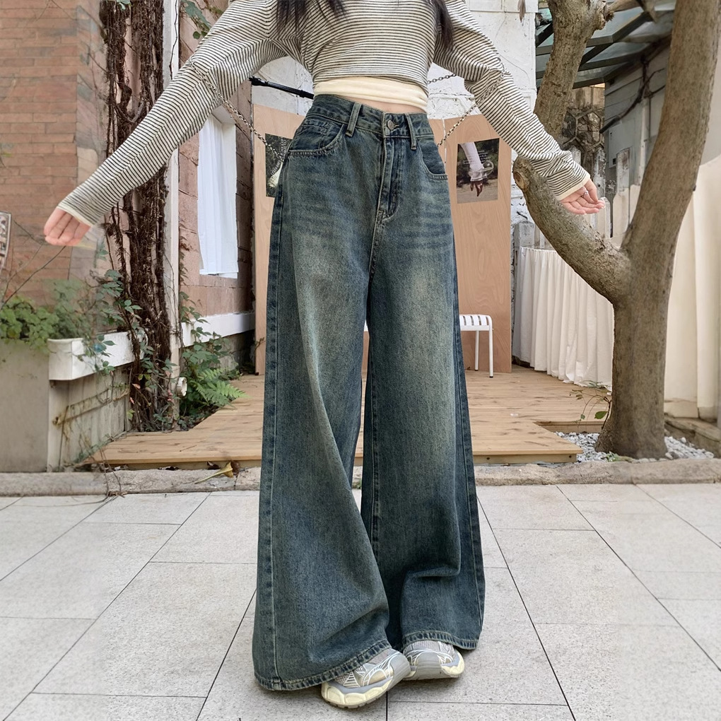 女士高腰直筒垂感拖地牛仔褲