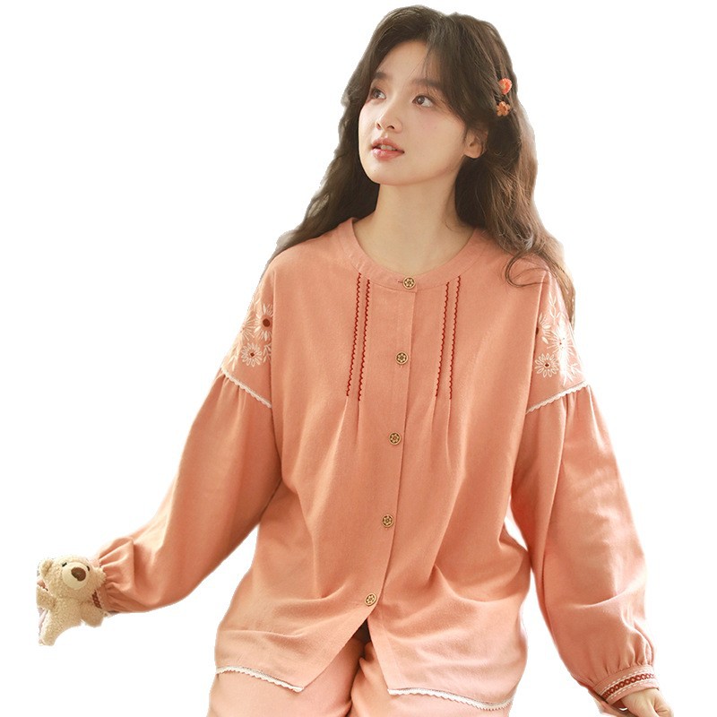 女春秋純棉磨毛復古花邊居家服