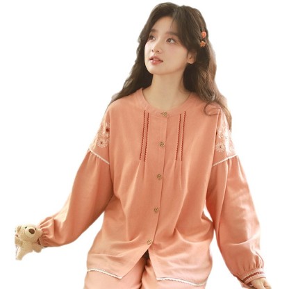 女春秋純棉磨毛復古花邊居家服