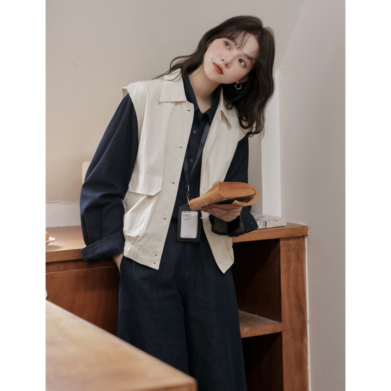 女士春秋大口袋工裝米白色馬甲+藏青色襯衫