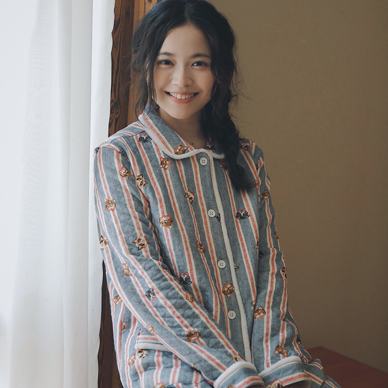 女士秋冬加厚空氣棉貓咪條紋長袖長褲居家服