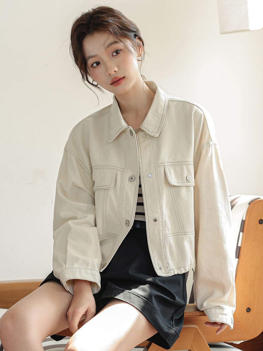 女士春秋明線抽繩工裝牛仔外套