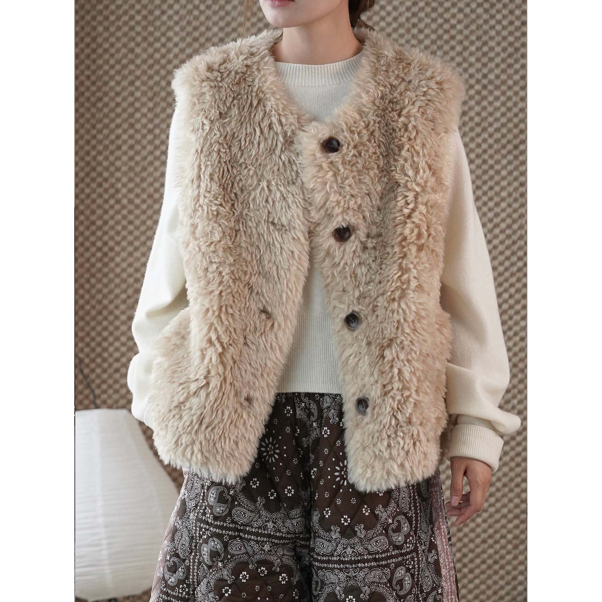 女士冬季單排扣仿馬毛馬甲