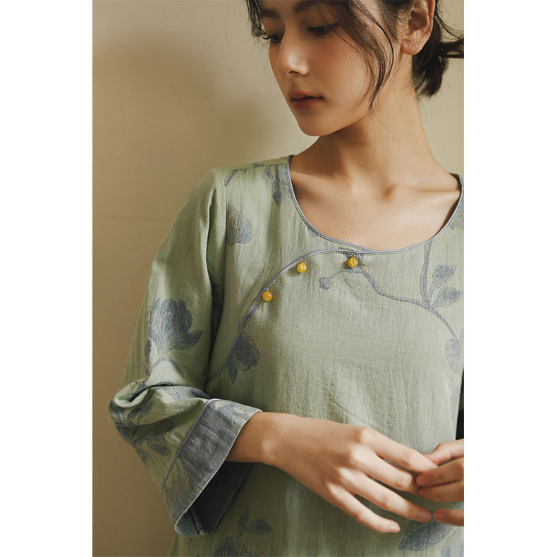 女士古風玉蘭花印花長袖圓領居家服套裝