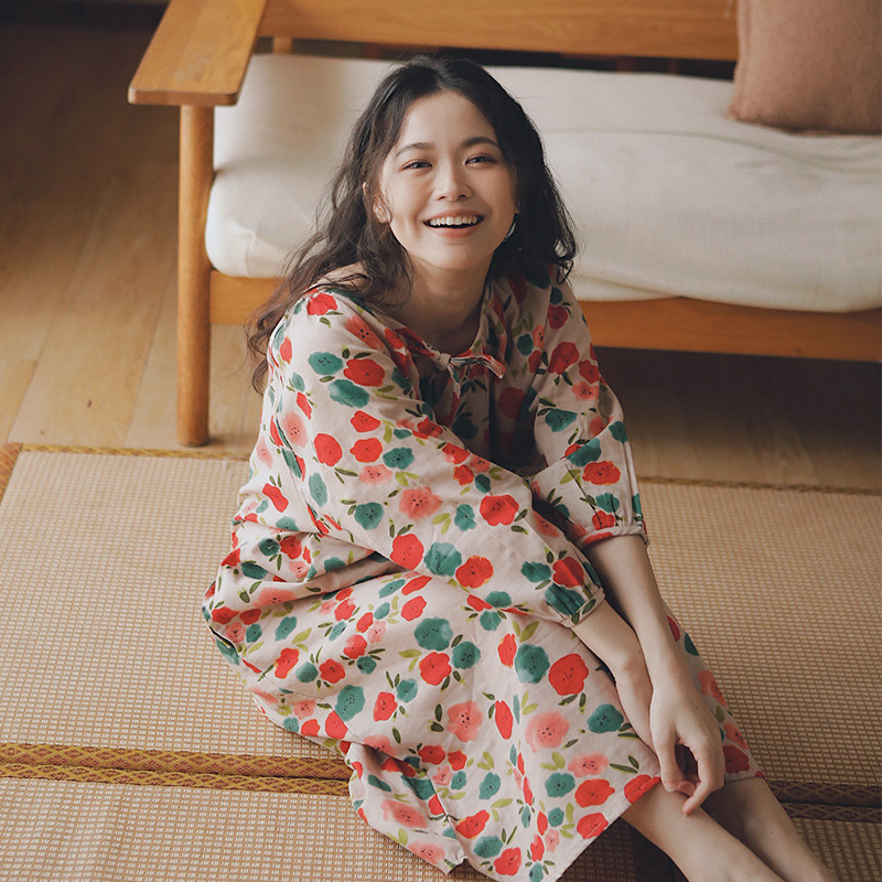 女夏純棉紗布紅花朵睡裙居家服