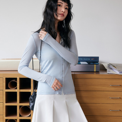 女春夏綿羊毛薄款紐扣開衫