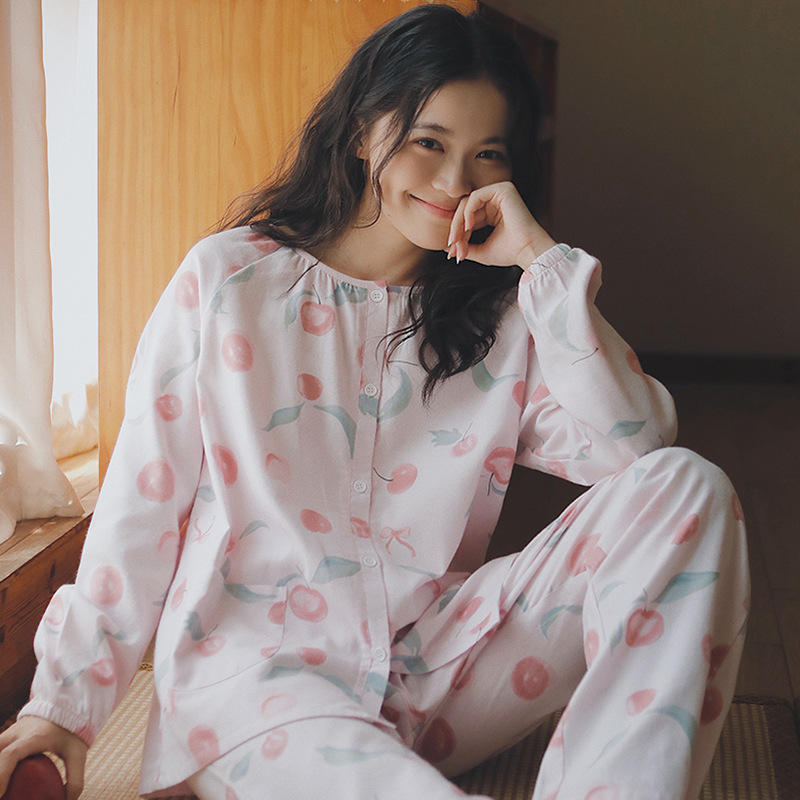 女士春秋冬純棉磨毛甜桃長袖長褲居家服