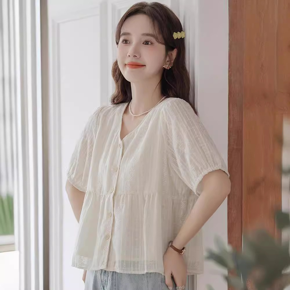 女夏花邊提花V領短袖襯衫