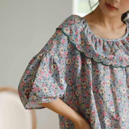 女士純棉雙層紗布廓版印花睡裙