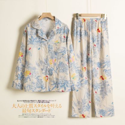 女士春夏莫奈花卉翻領長袖長褲睡衣