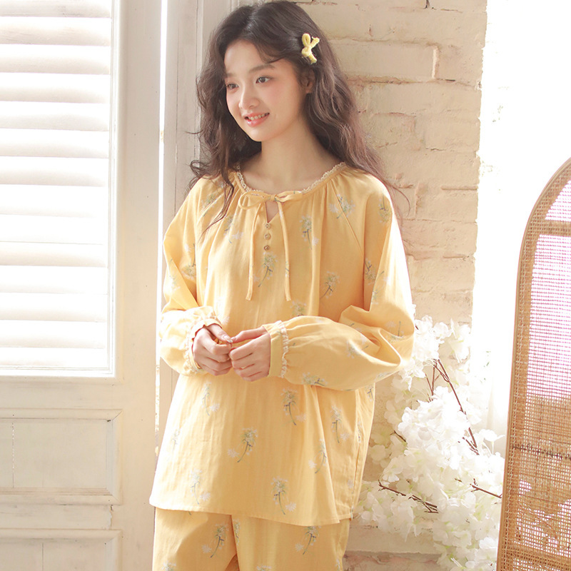 女春純棉紗布黃色碎花寬鬆居家服