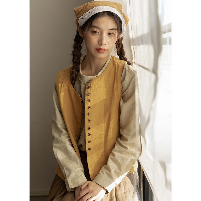 女士春秋復古多排扣短款黃色馬甲