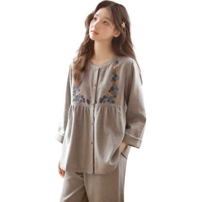 秋冬棉質磨毛刺繡長袖家居服