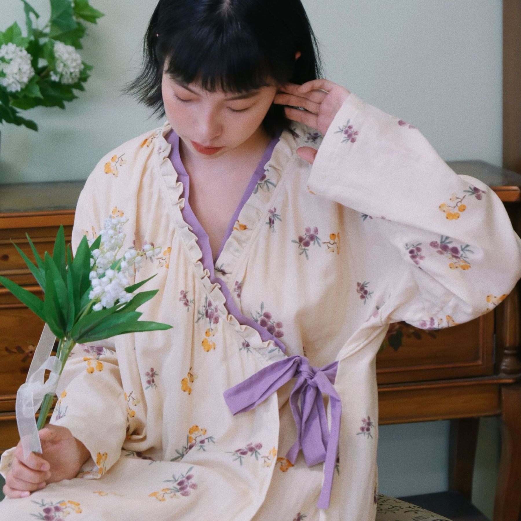 女士春秋國風長袖高級感睡袍