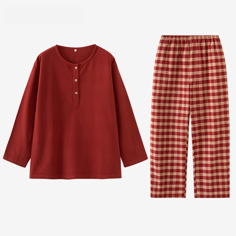 女士春秋純棉磨毛紅色圓領長袖長褲居家服